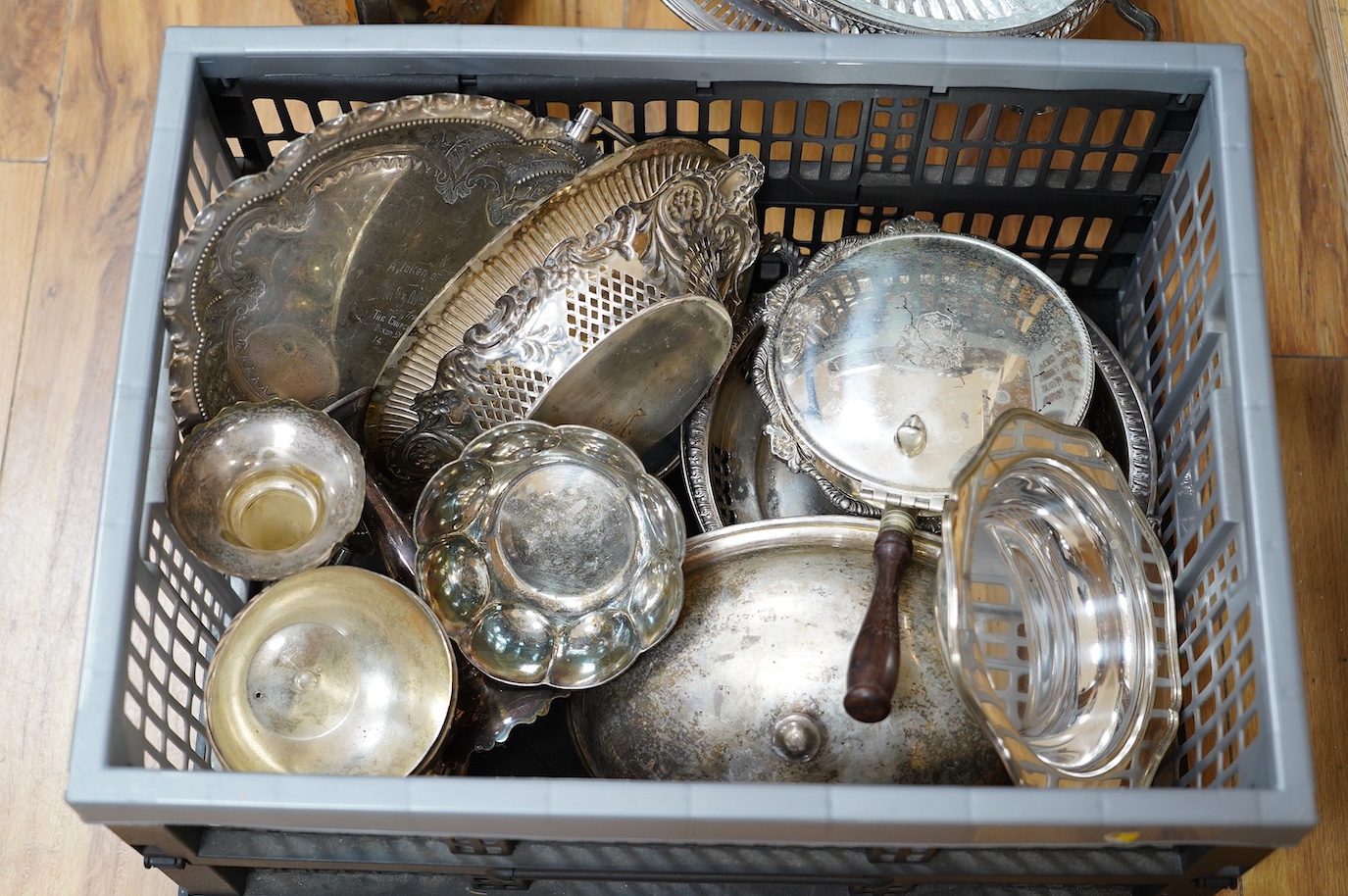 A quantity of plated ware, including a tazza, an hors d’oeuvres dish, bowls, dishes, a coffee pot, etc. Condition - fair to good